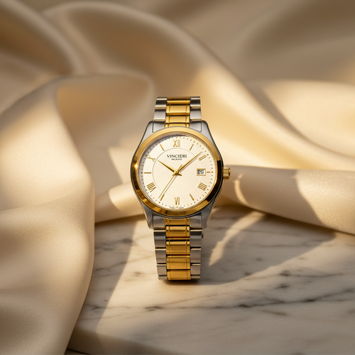 Vincieri Aurea — Luxury Product Shot on Silk and Marble